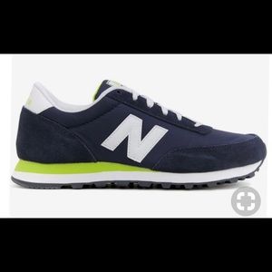 New Balance 501 Navy Lime retro sneaker, size 8.